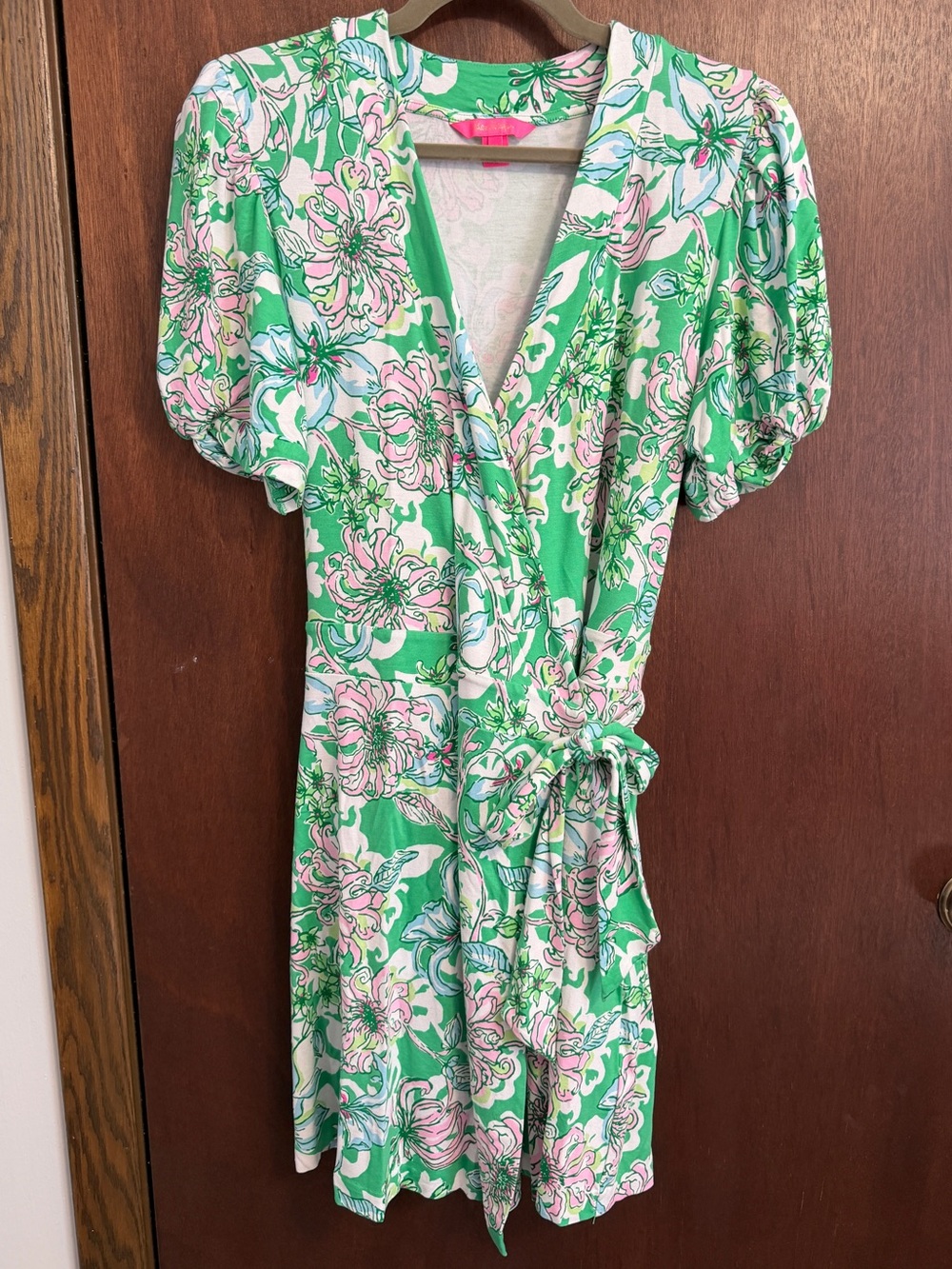 Lilly Pulitzer Green and Pink Floral Wrap Mini Dress